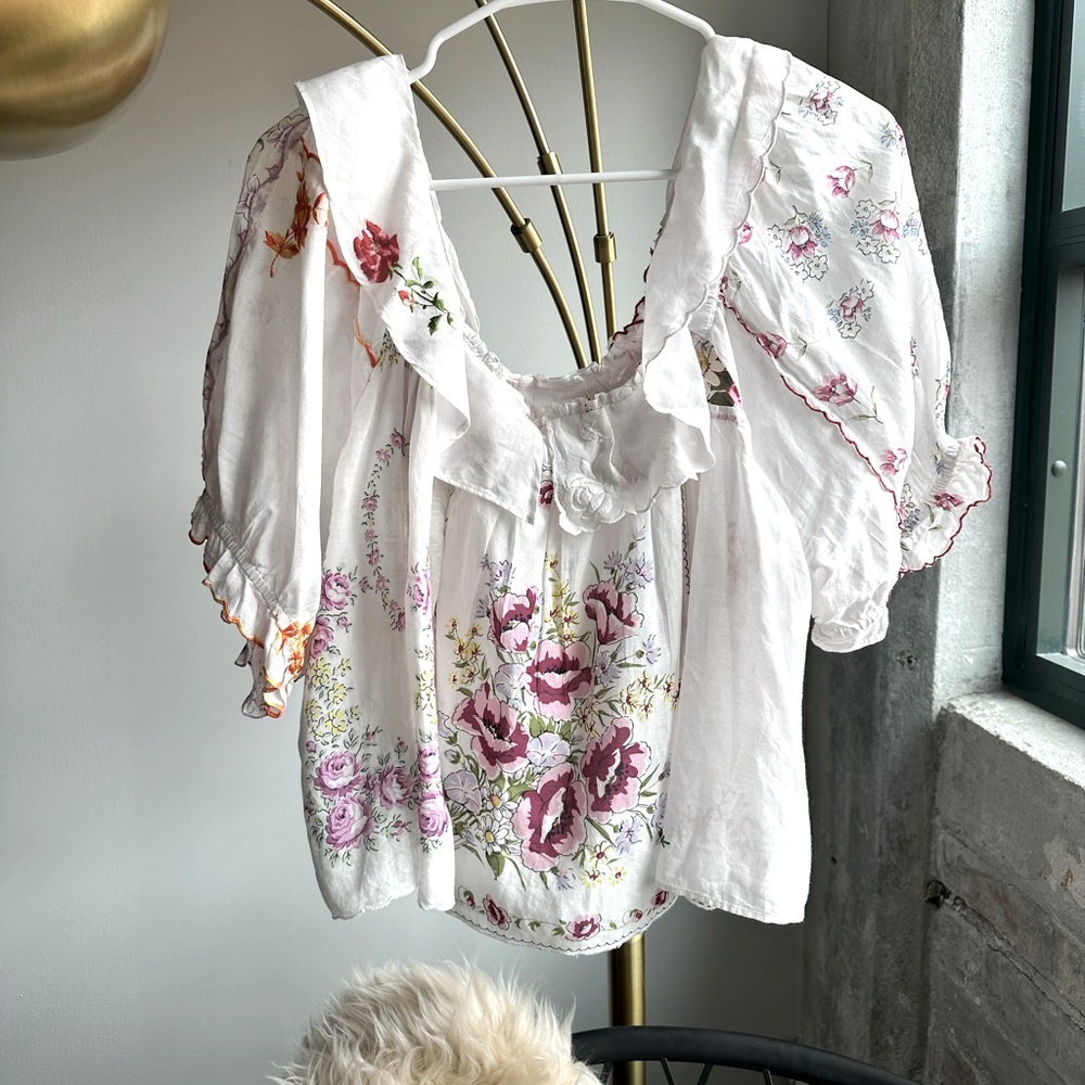Anthropologie Floral Embroidered Babydoll Top